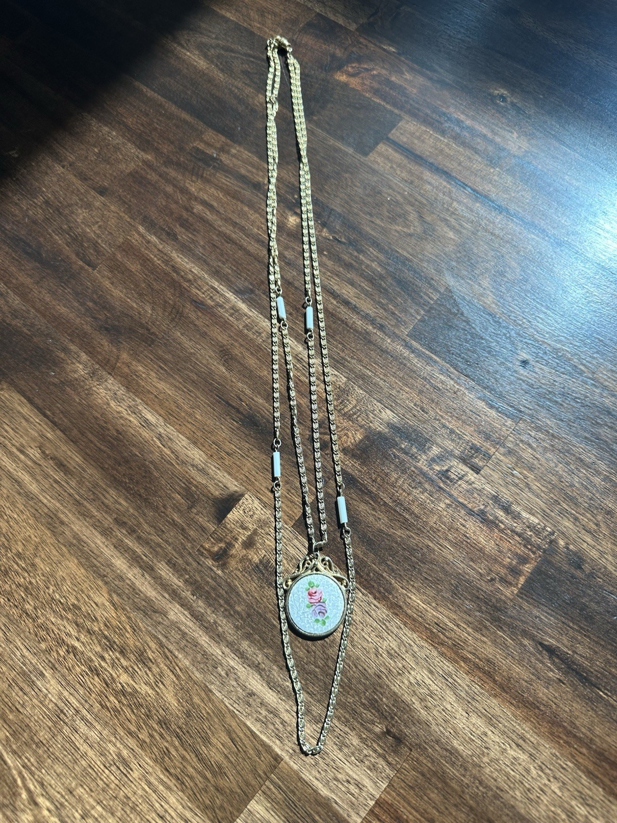 Vintage Gold Tone Guilloche Floral Pendant Necklace Pink Rose Victorian Style