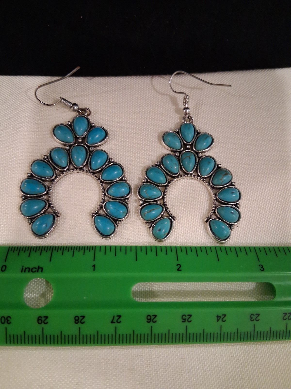 Cute Western Blue Howlite Horseshoe Squash Blossom Dangle Cowgirl Earrings 1.75″
