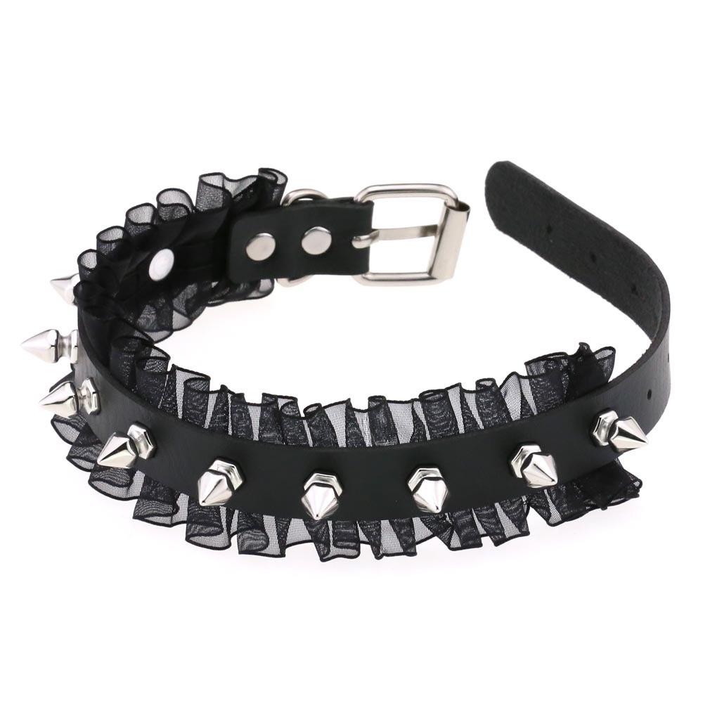 4 Colors Exotic Spiked Necklace Collar Studded PU Leather Choker with Lace Trim