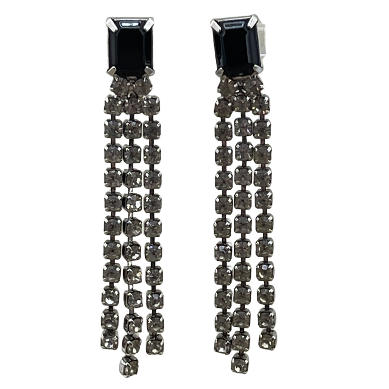 Vintage Rhinestone Black Silver Tone Fringe Stud Earrings Drop Dangle Push Lock