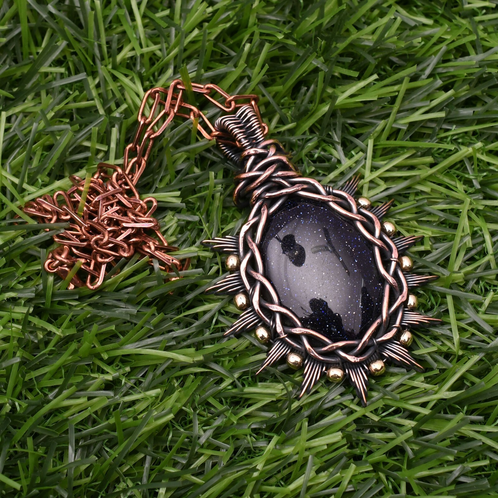 Blue Sun Stone Gemstone Copper Wire Wrap Handmade Jewelry Pendant 2.28″