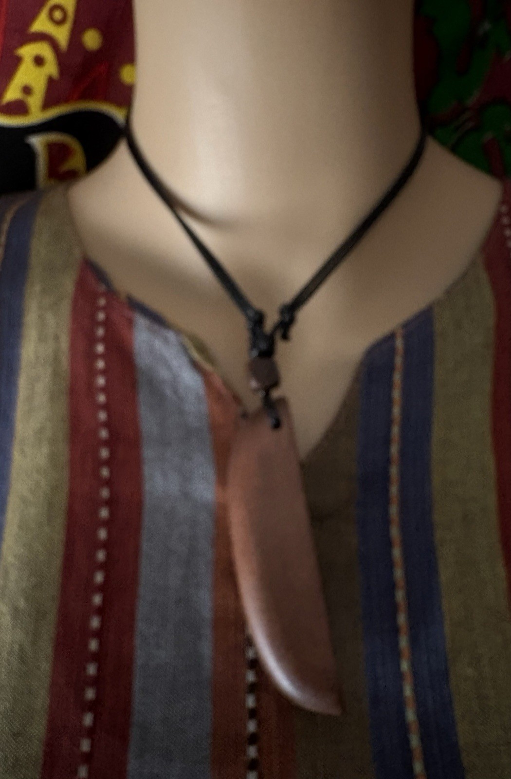 Wood Pendant Necklace Black Cord Brown Adjustable Tie Closure