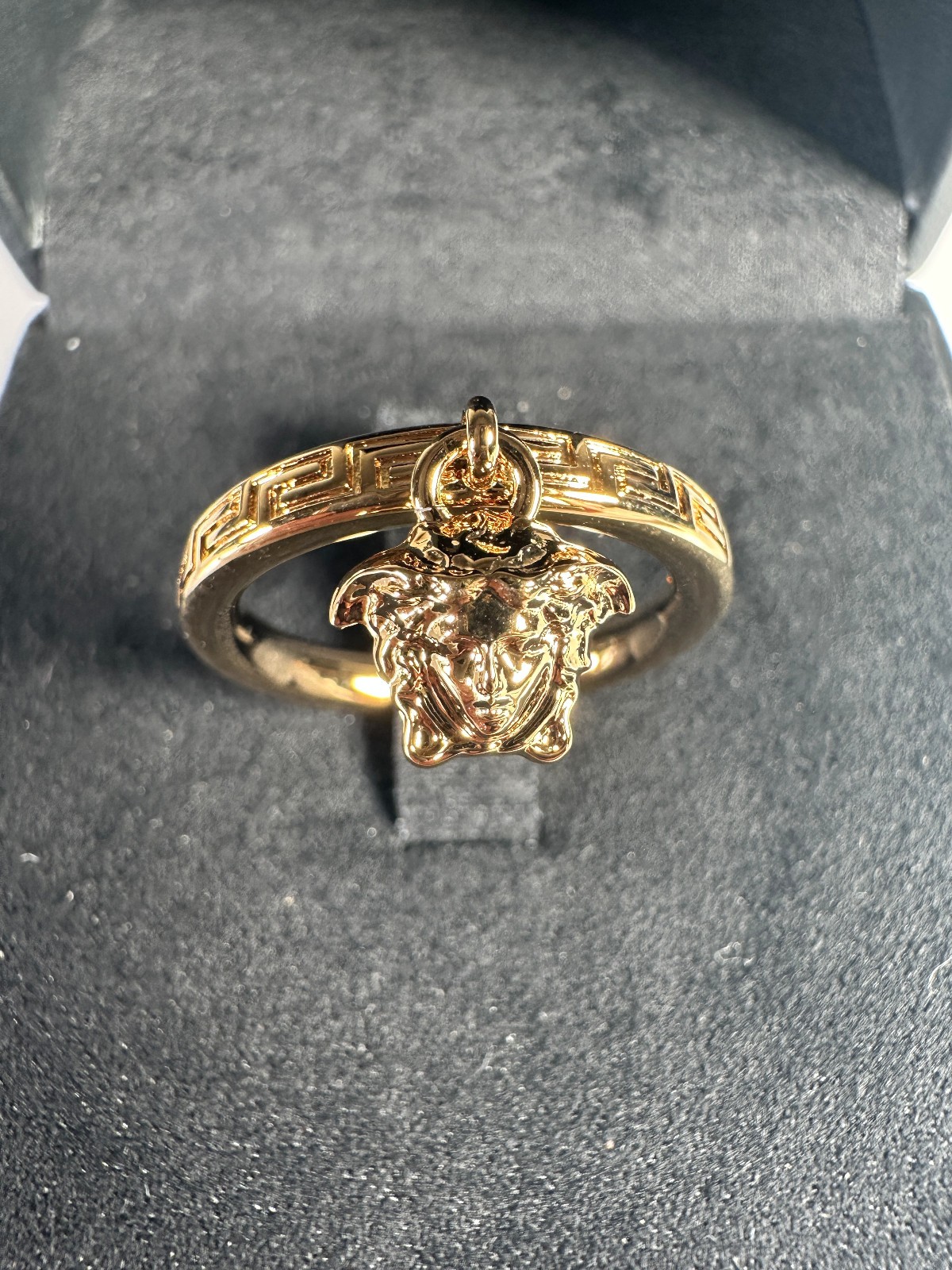NWT Versace Greca Gold Tone Medusa Charm Ring Light Gold Authentic