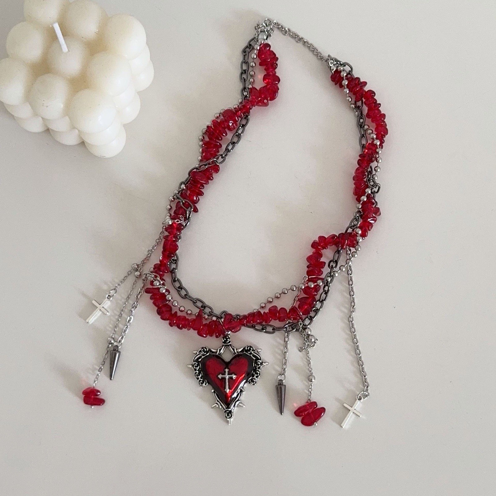 Gothic style personality red gravel chain love tassel wrap necklace female niche