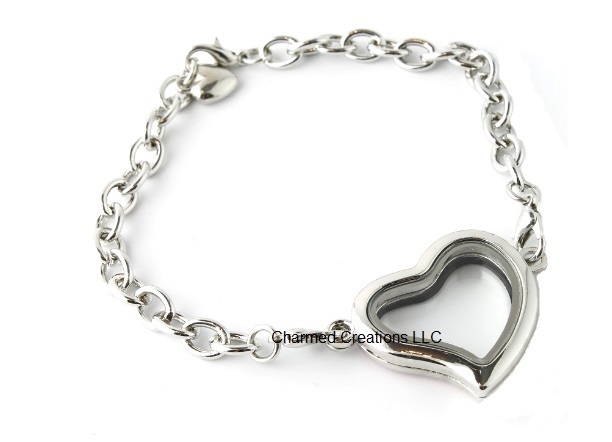 SECURITY CLASP Crystal Silver Tone Heart Floating Charm Memory Locket Bracelet