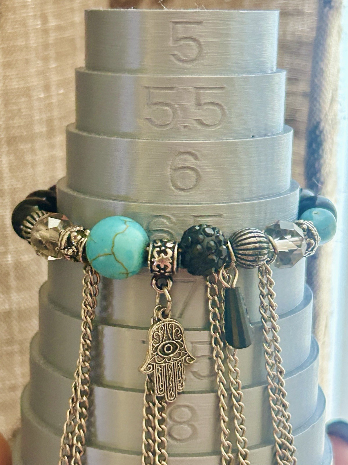 Beaded Turquoise Charm Bracelet Black Blue Silver Hamsa Evil Eye Dangle