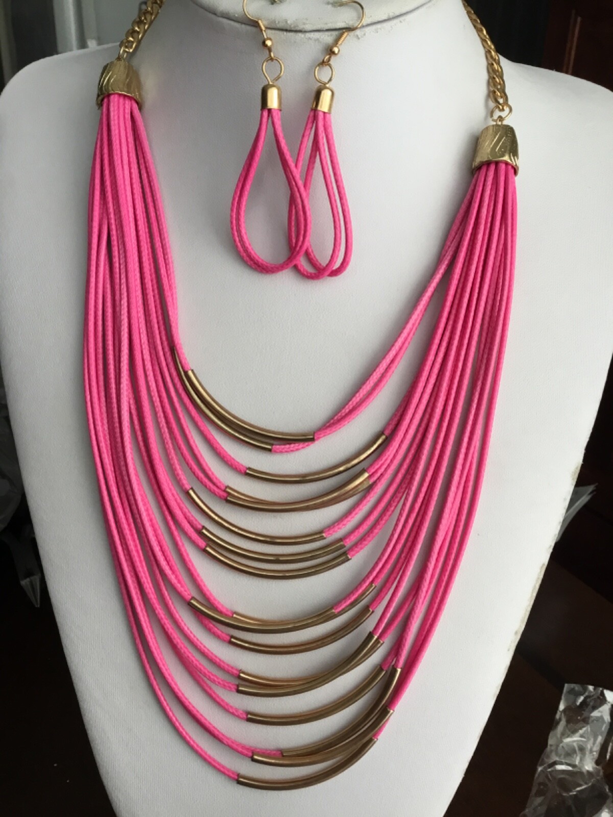 Fuchsia multi layer polyester thrived with gold tone tubes Necklace Earring Set