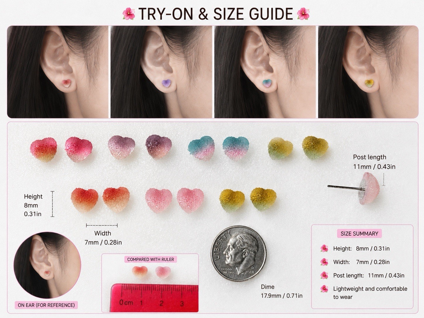 Handmade Heart Resin Stud Earrings set (6 pairs) |coarse/frosted surface texture