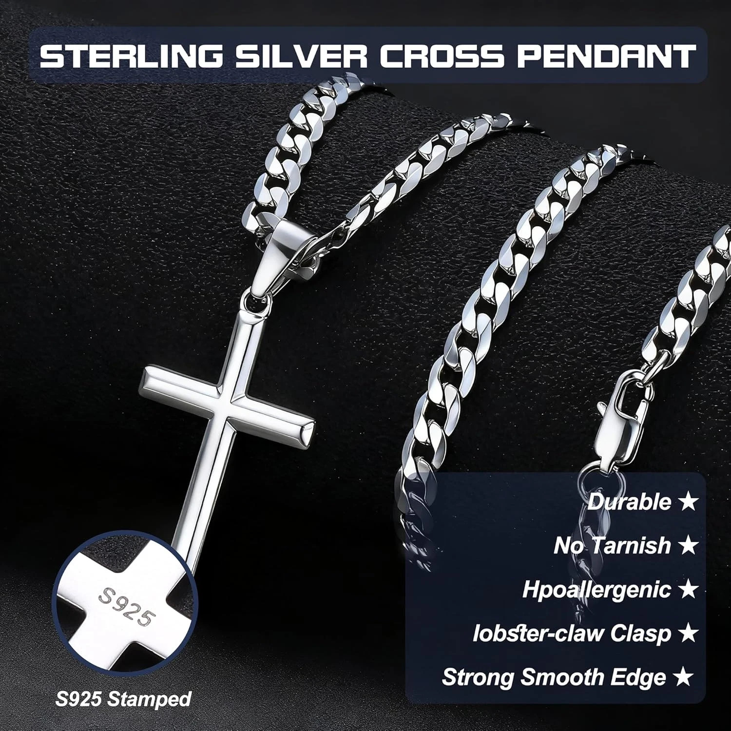 925 Sterling Silver Cross Necklace Beveled Edge for Men Women 5Mm Stainless Stee