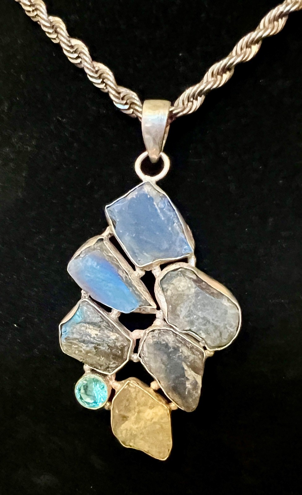 Large Natural Labradorite Rough Pendant Silver Tone Necklace Unisex