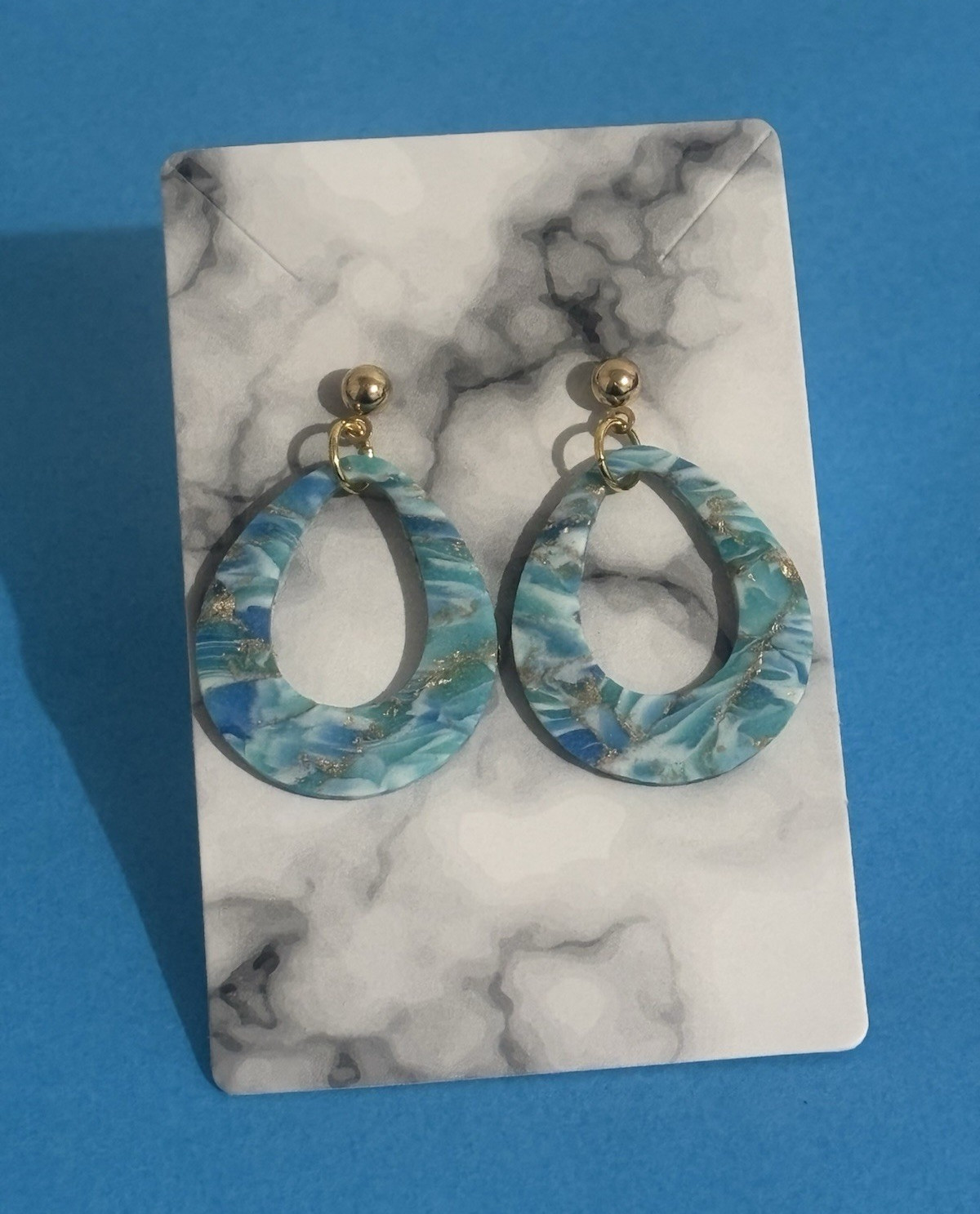 Handmade Blue Teardrop Dangle Drop Earrings Gold Flakes