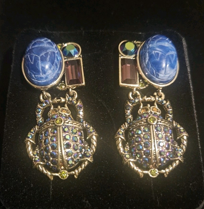 Heidi Daus Scarab Beetle Necklace Earrings Crystal Egyptian Revival Very Rare
