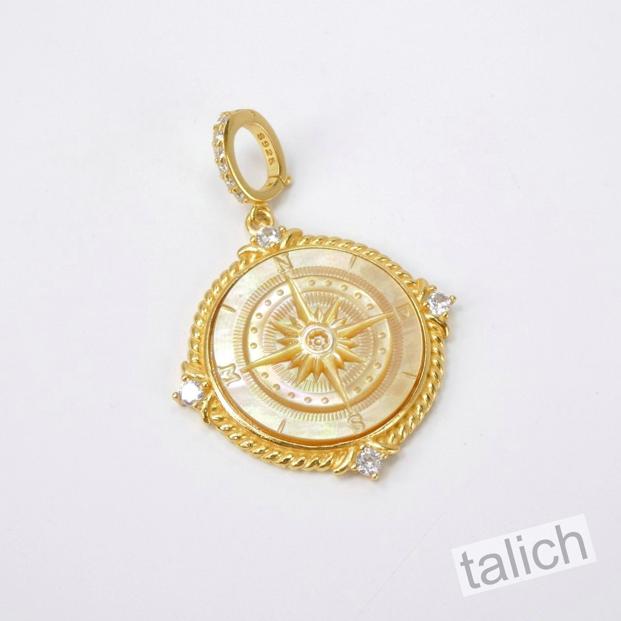 18K Gold Plated Sterling Silver MOP Compass Rose Cameo Pendant North Star Gift