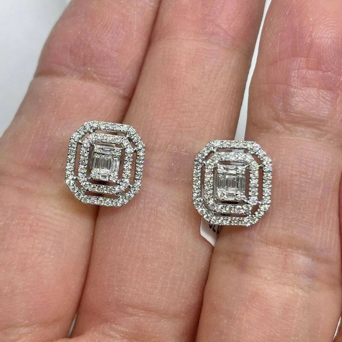 14K White Gold Plated 1.50Ct Round Simulated Diamond Double Halo Stud Earrings