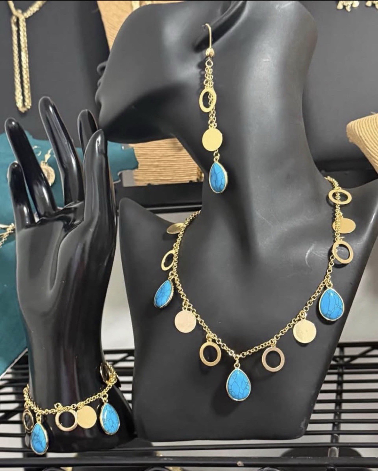 None tarnish Blue Turquoise Teardrop Necklace Bracelet & Dangle Earrings Set