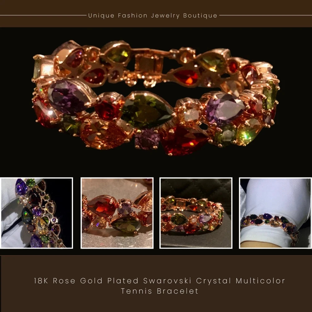 14K Rose Gold Plated Simulated Diamond Multicolor Tennis Bracelet Elegant Gift