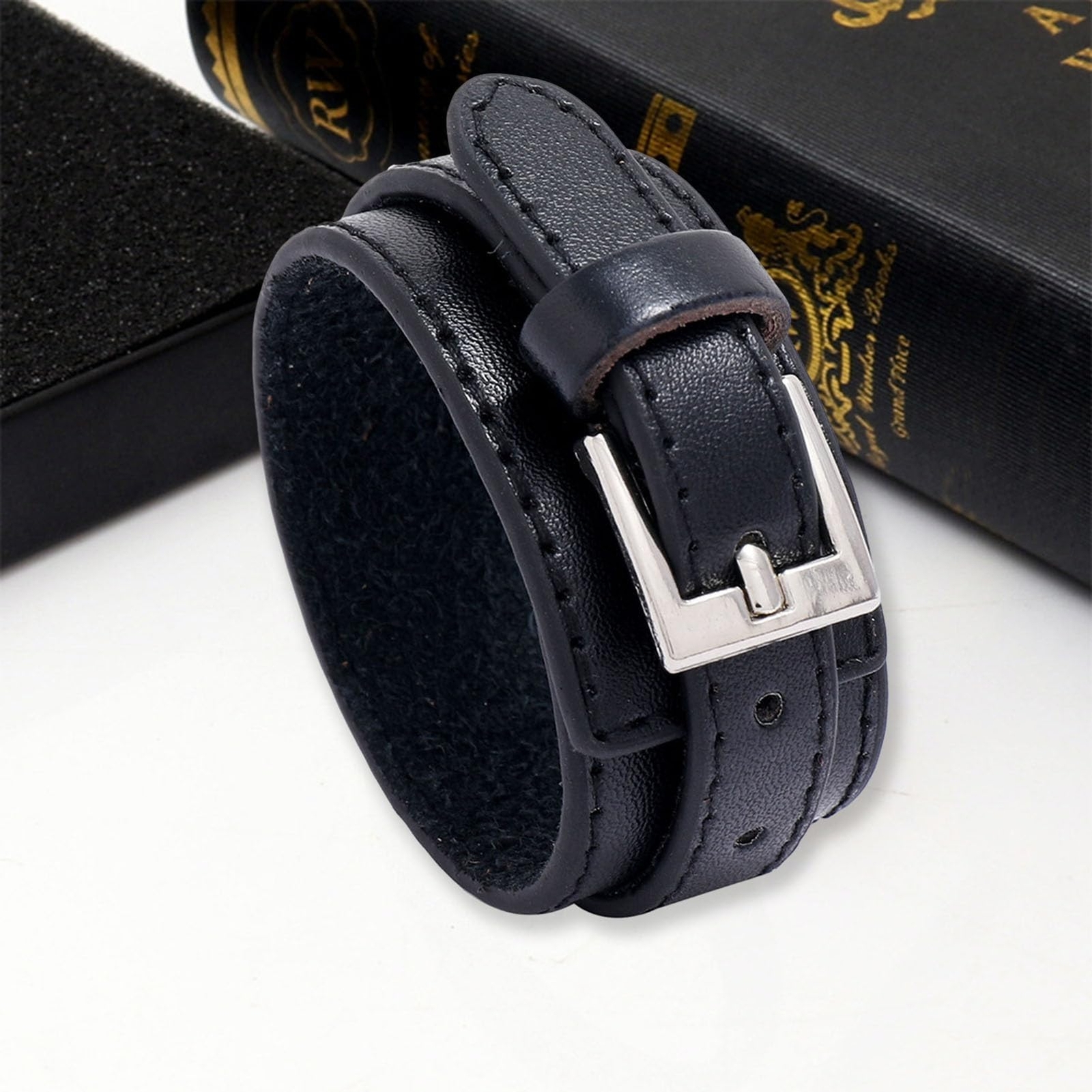 Men Leather Bracelet Adjustable Retro Punk Pin Buckle Male Cuff Bangle Best Gift