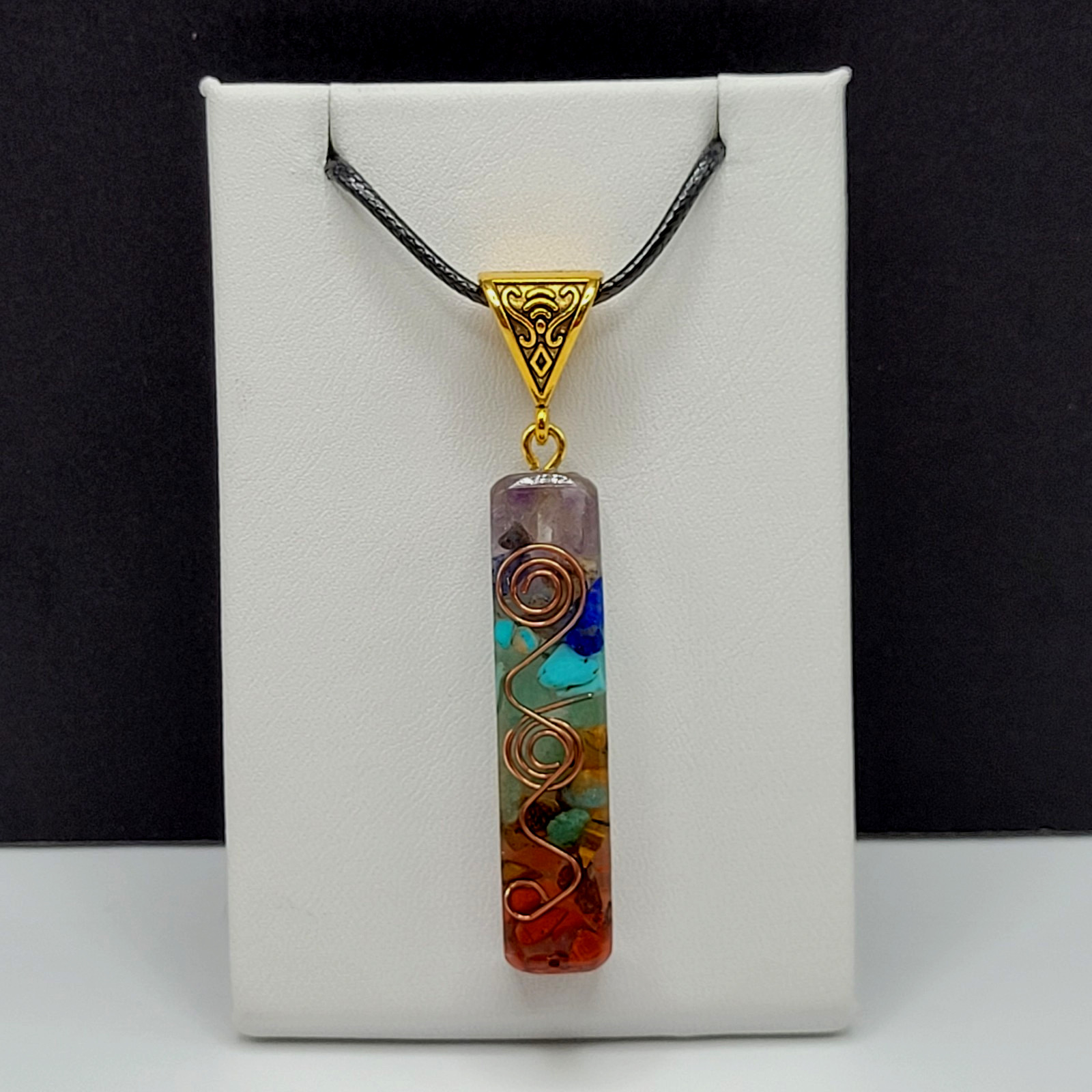 Modern Stone Chip Chakra Healing Meditation Pendant Faux Leather Cord Necklace