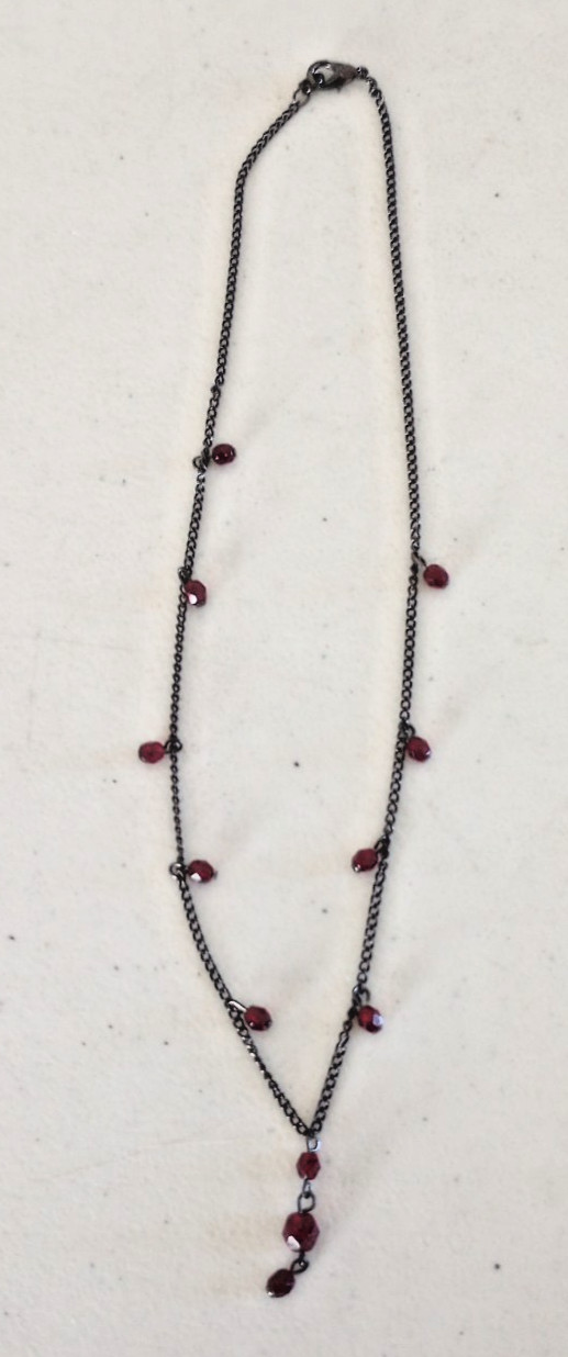 Gothic Gunmetal Y Necklace Faceted Red Dangle Beads Drop Boho Choker 16″ AS IS