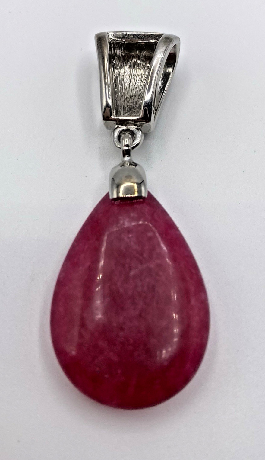 Bali Style Pendant Dark Pink Natural Stone Teardrop Silver-Tone 2.25 inches