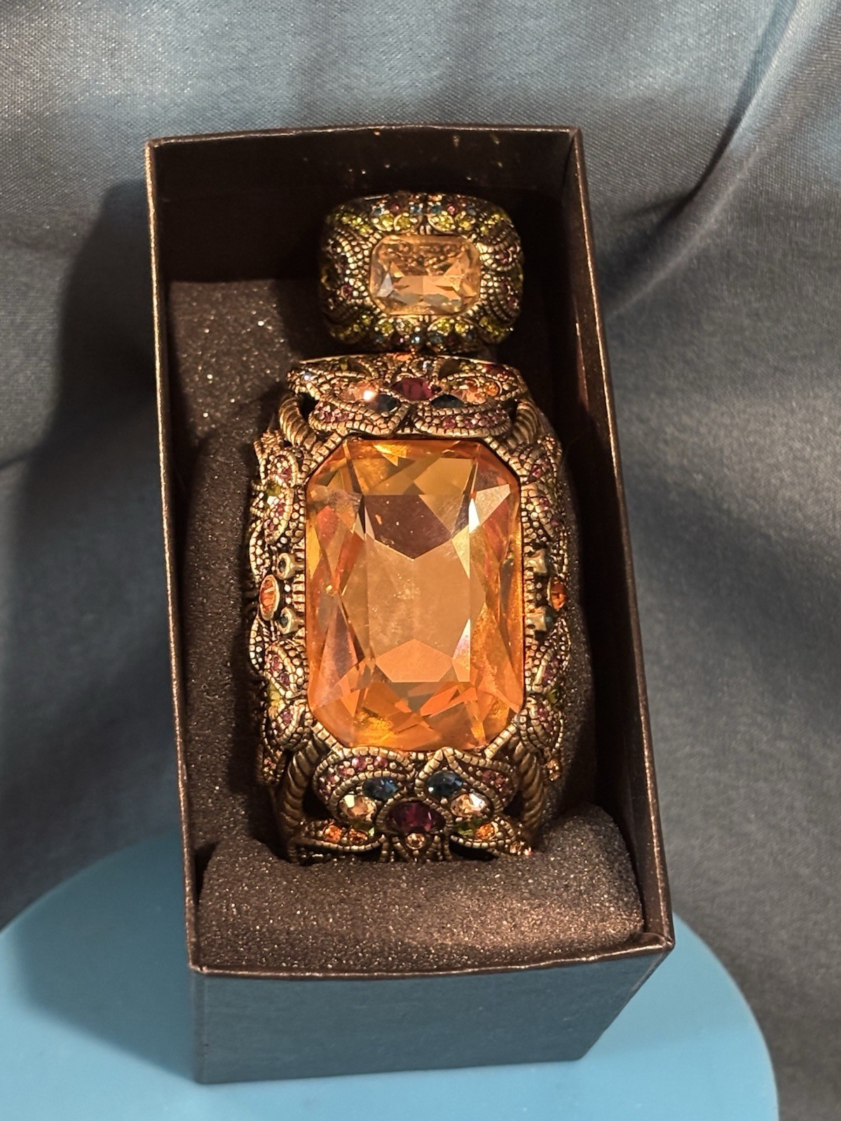 Heidi Daus Signed Adjustable Bracelet & Ring Set Gold Tone Orange Crystal
