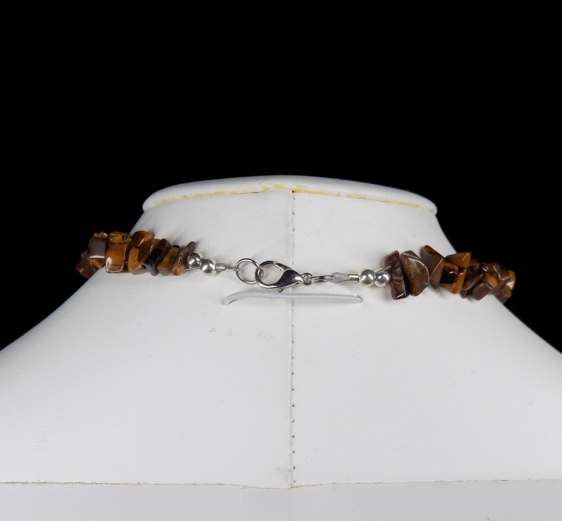 Tiger’s Eye Bib Necklace Brown Iridescent Shell Silver-Tone Lobster Clasp Beads