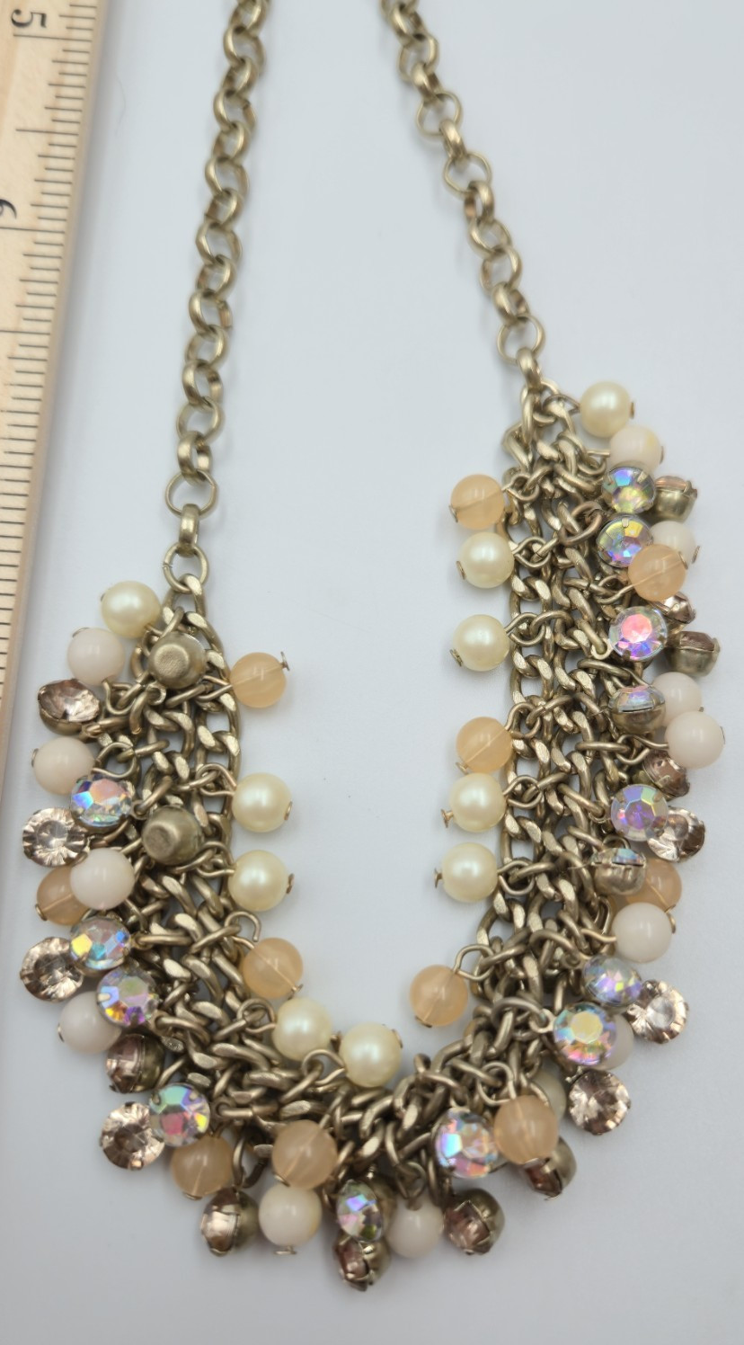 Lydell NYC Statement Necklace Chunky Beaded Rhinestone Gold Tone Bib Style 229