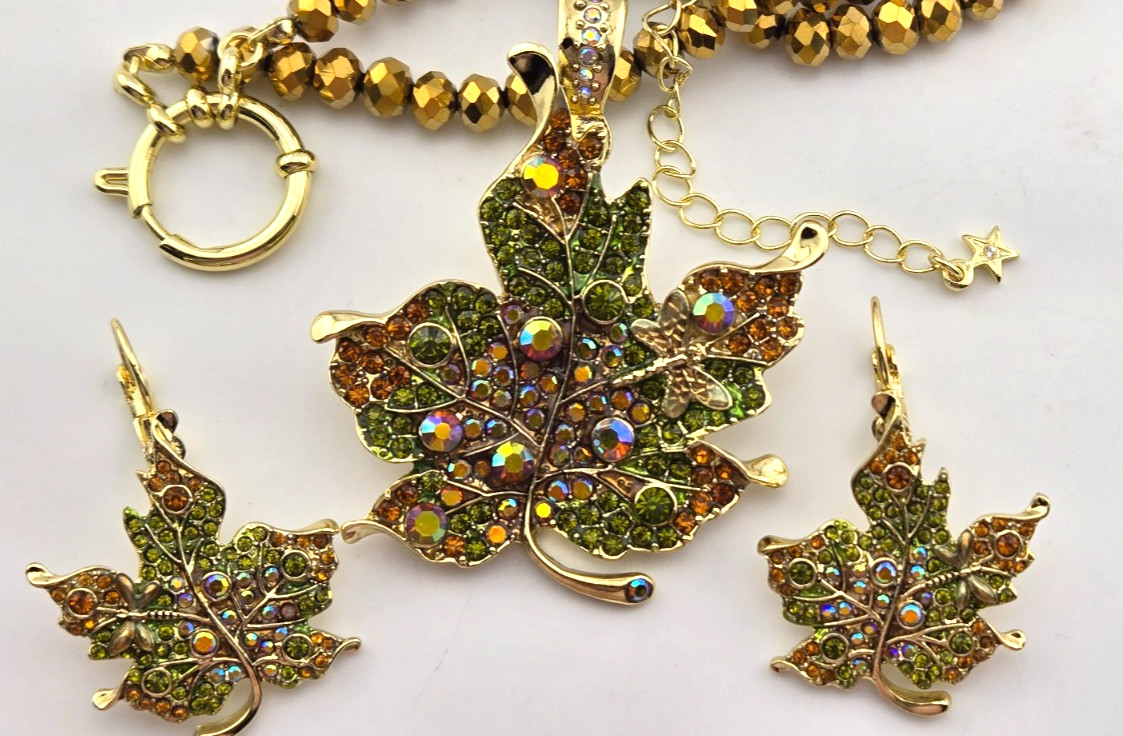 Kirks Folly Falling Leaves Fold Over Pendant Earrings Necklace SET GT #68
