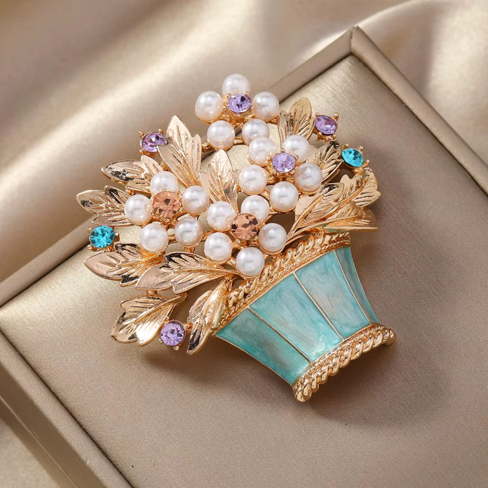 Vintage Easter Spring Flower Basket Brooch Sparkling Rhinestone Pin Jewelry Gift