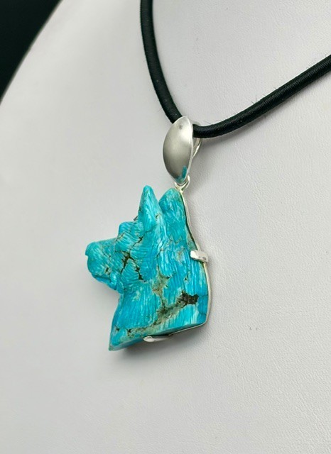 Natural Turquoise Handcrafted Wolf Head Pendant, On A 925 Sterling Silver Base.