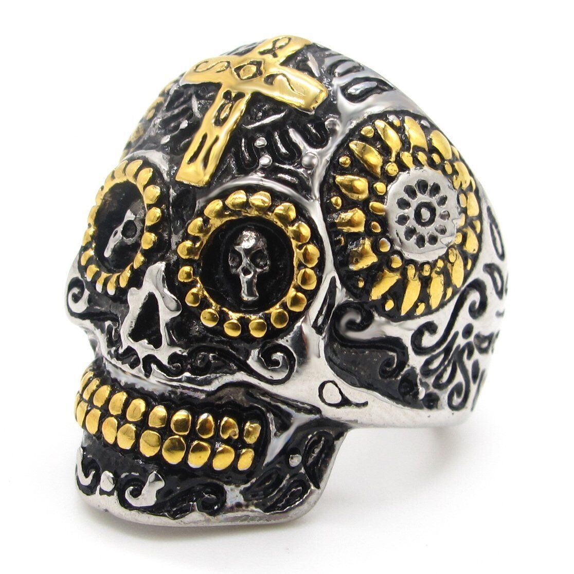 MENDEL Mens Gold Plated Motorcycle Biker Skull Ring Stainless Steel Size 7-15