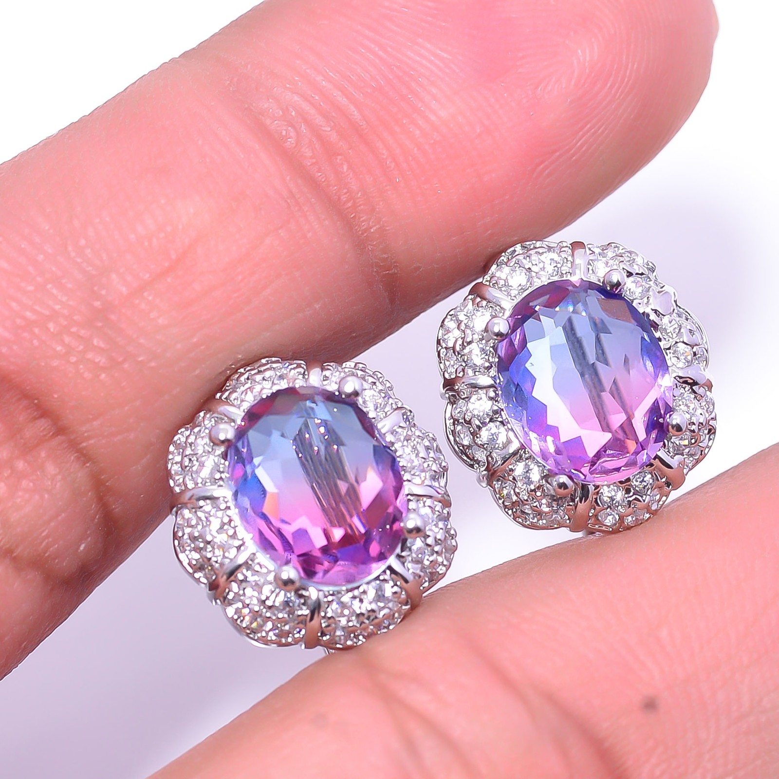Bi-Colour Tourmaline & Cubic Zirconia 925 Sterling Silver Earring 0.59″ E97621
