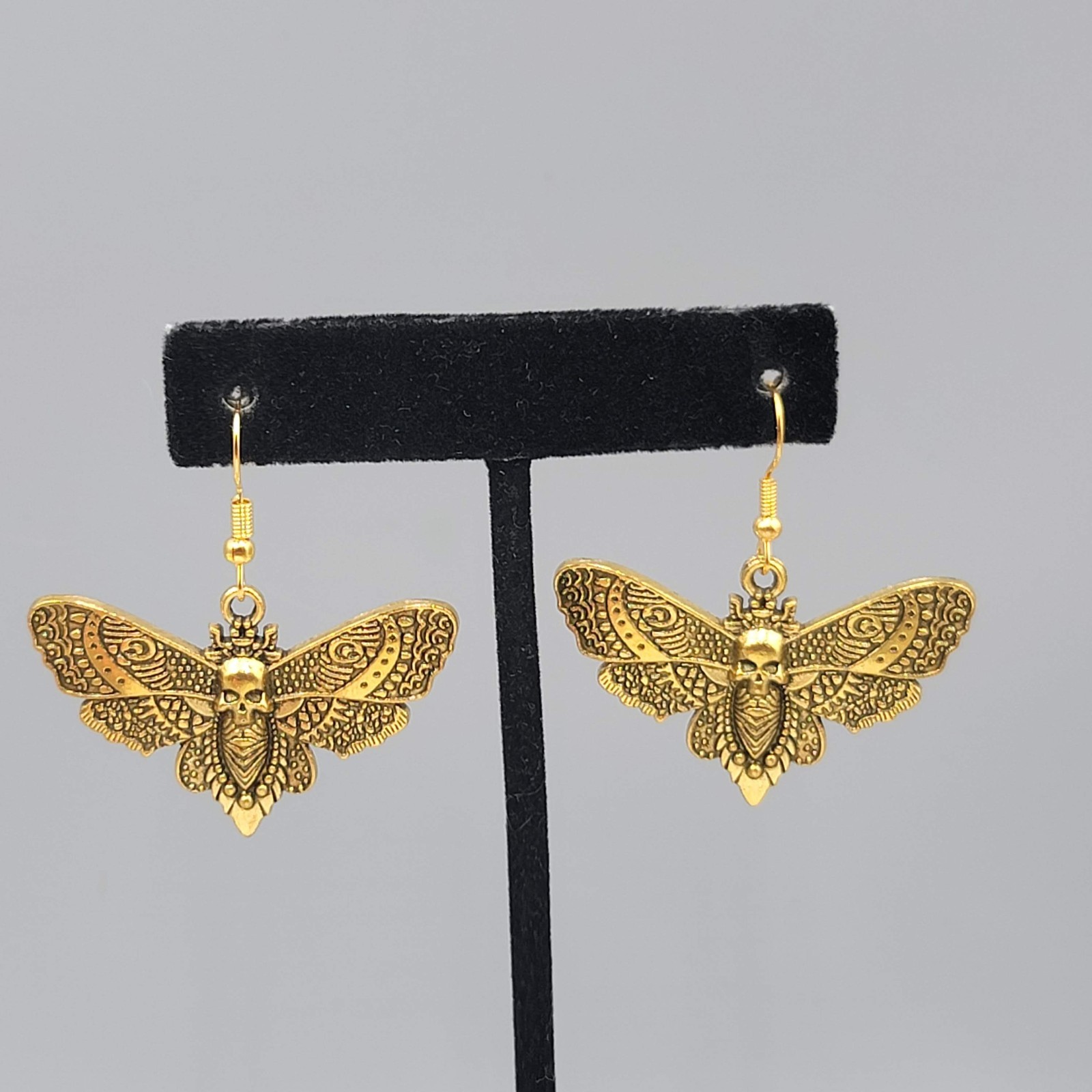Moth Gold tone Embossed Pierced Earrings Dangle Goth Rock Punk 1 5/8″ x 1 in