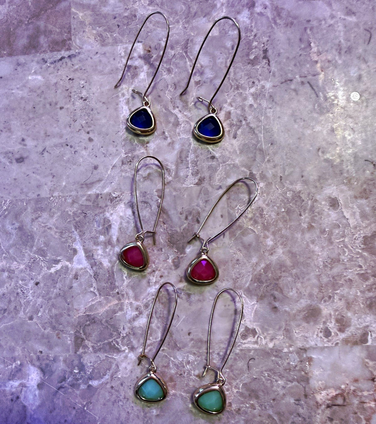 Lot of 3 Silver Tone Dangle Hook Earrings Multicolor Trillion Bezel Stones