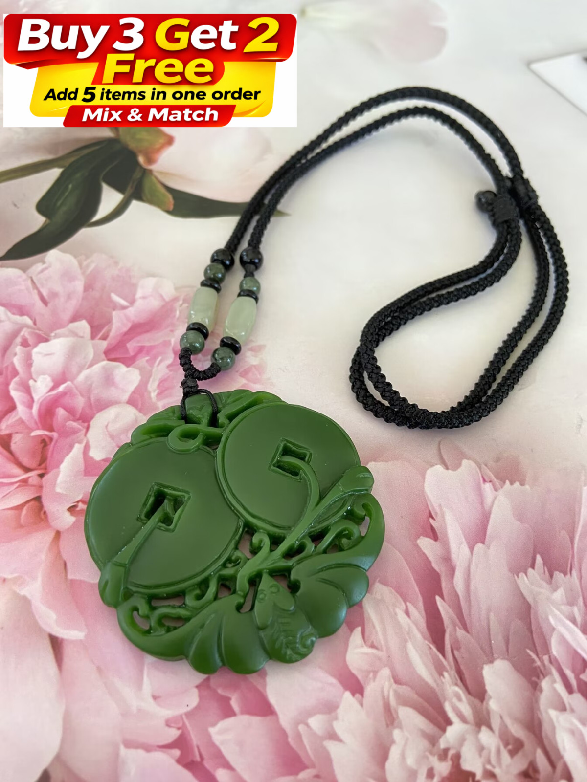 Jade Charm Pendant Necklace W/ Beads Cord Chain Handmade Carved Floral Gemstone