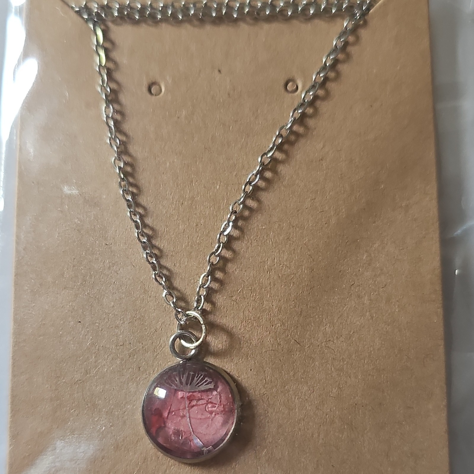 Silver Tone Cable Chain Necklace Round Bezel Charm Pendant Pink Glass Stone