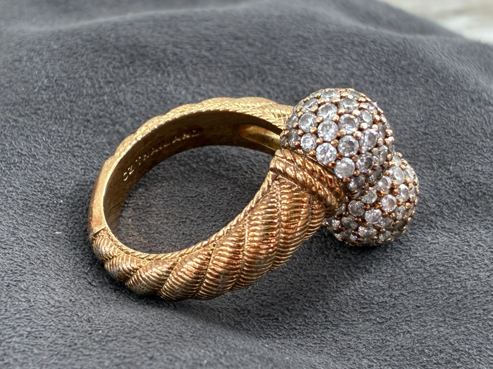 Vintage Judith Ripka Bypass Ring CZ Sphere Ball Tips Gold on Sterling Cable Band
