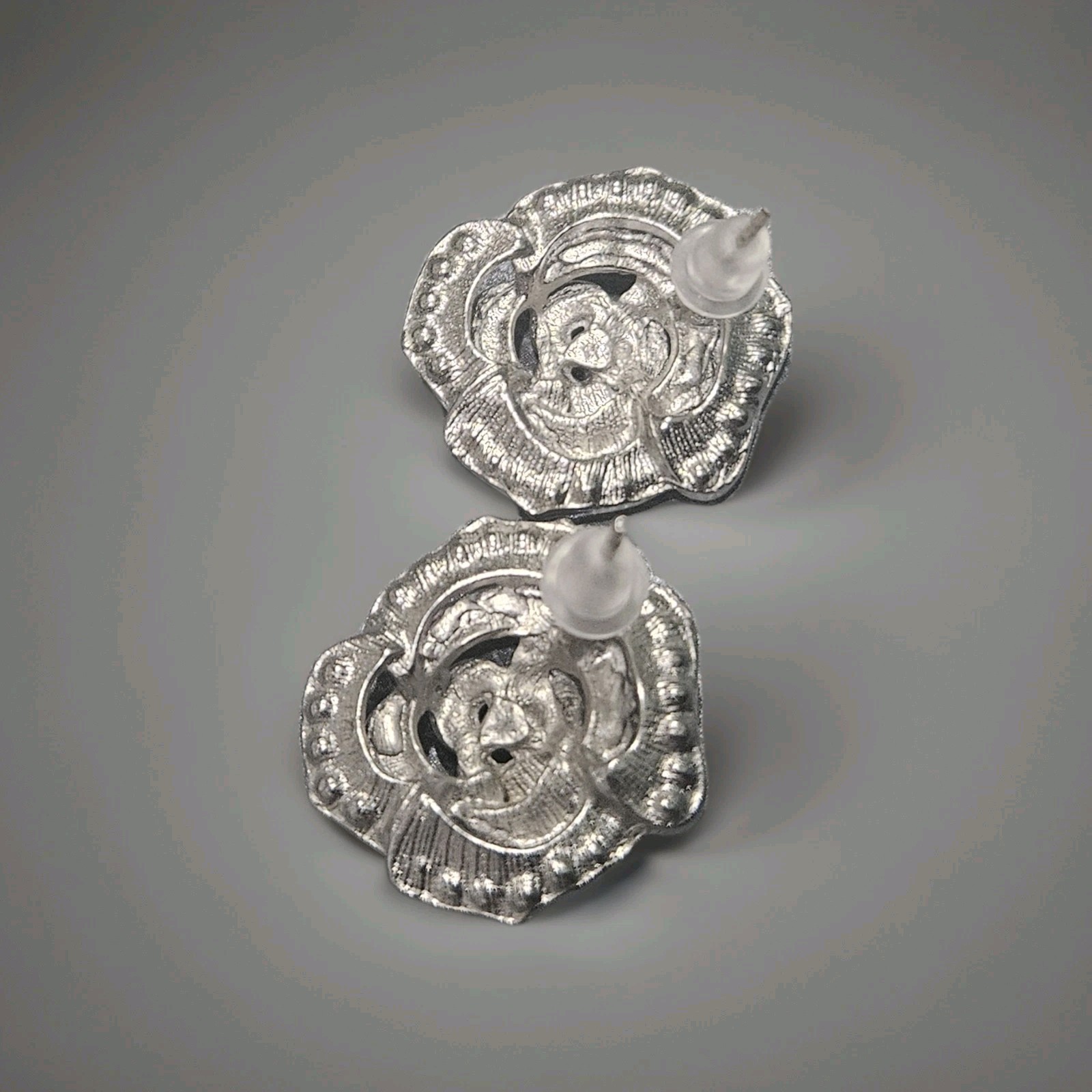 Silvery Rose Shaped Stud Earrings with White Synthetic Zircon Stones