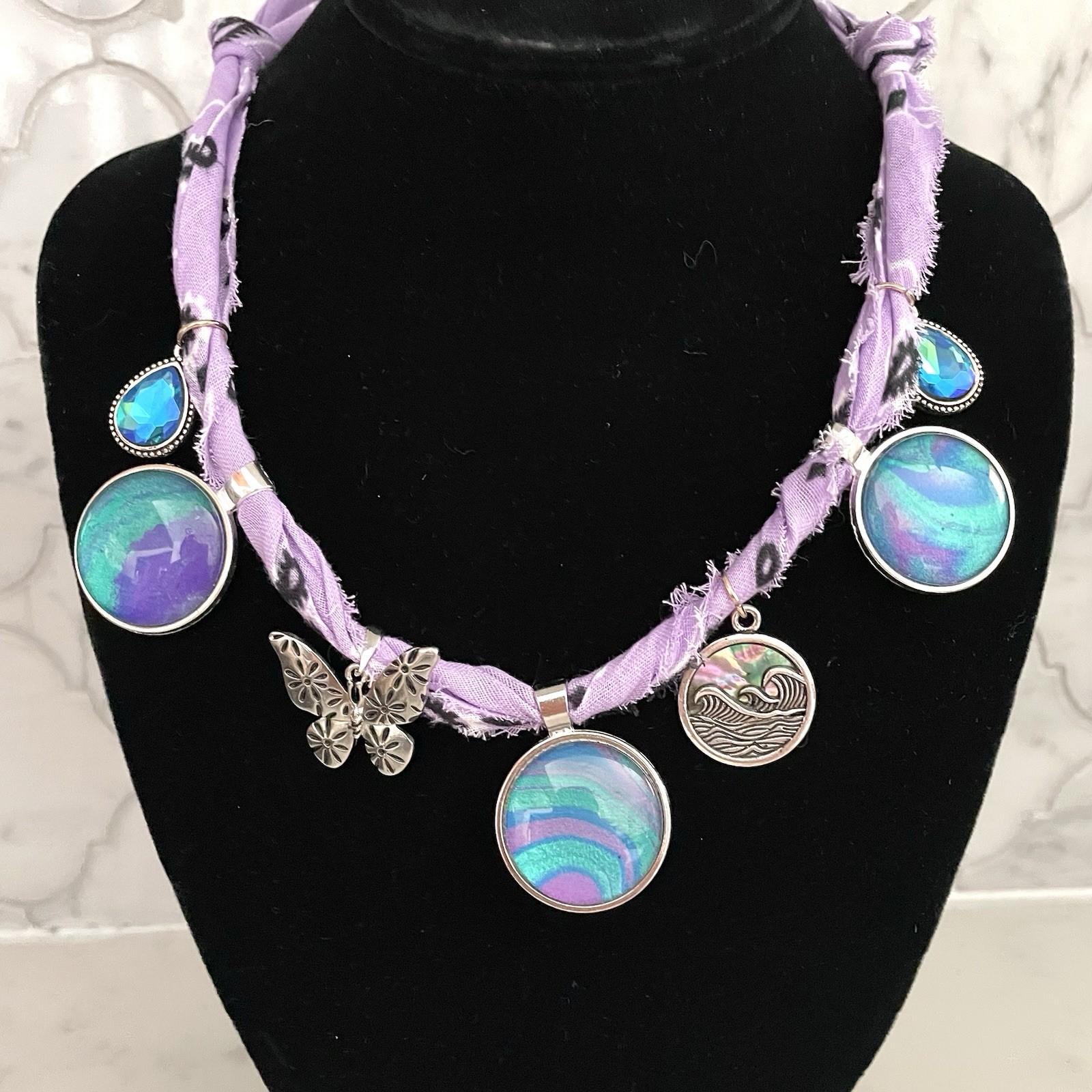 Fluid Art Paint Pour Handmade Charm Bandana Necklace Purple, Teal