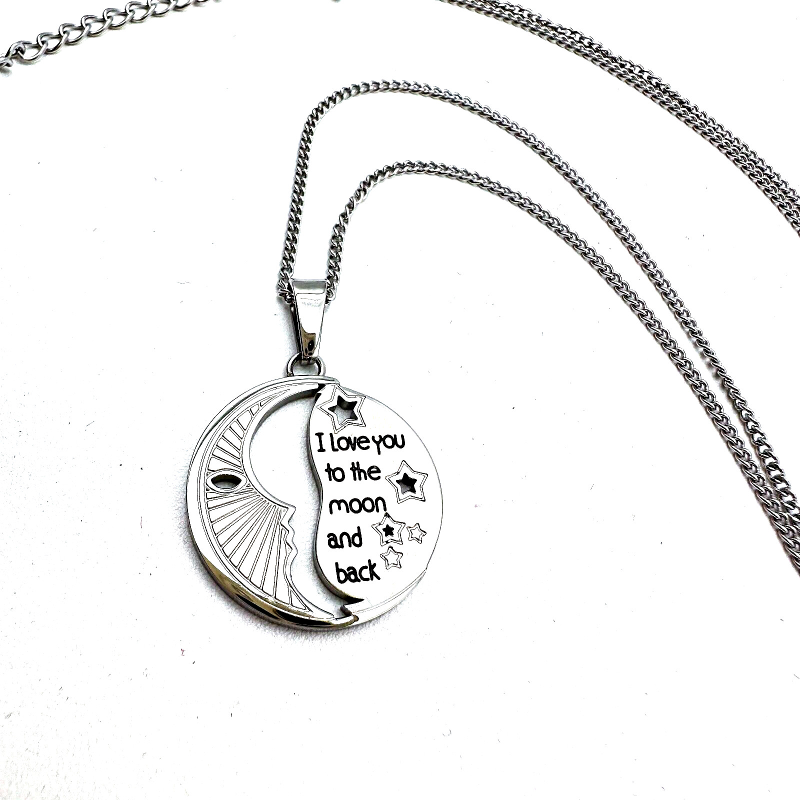 Moon and Stars Stainless Steel Necklace “I Love You To The Moon And Back” 21″