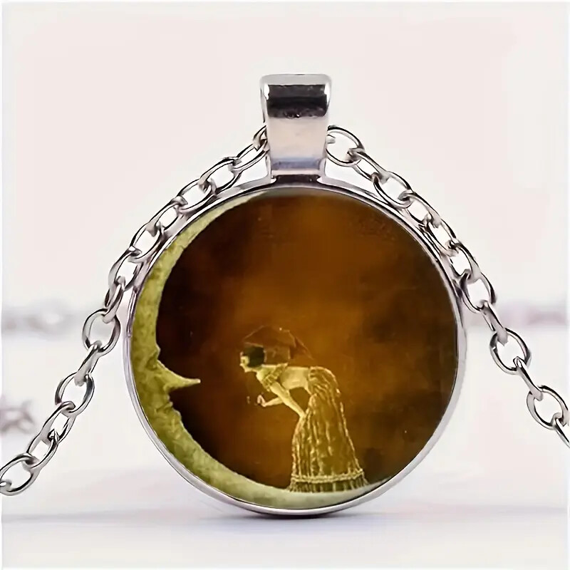 Vintage Style Moon Angel Glass Round Pendant Necklace Art Jewelry