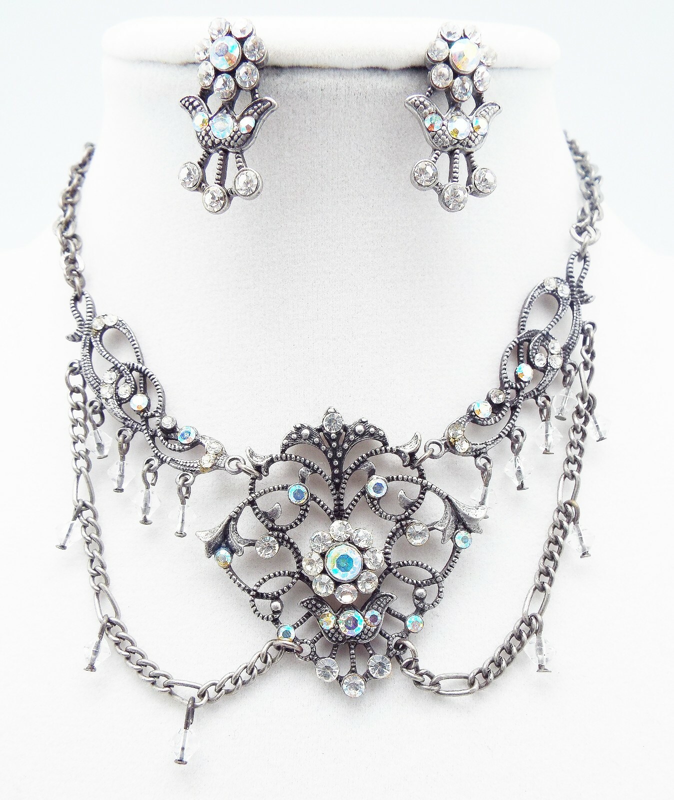 DESIGNER INSPIRED 19 in CLEAR MULTI CRYSTAL SILVER VICTORIAN JEWELERY SET NEW