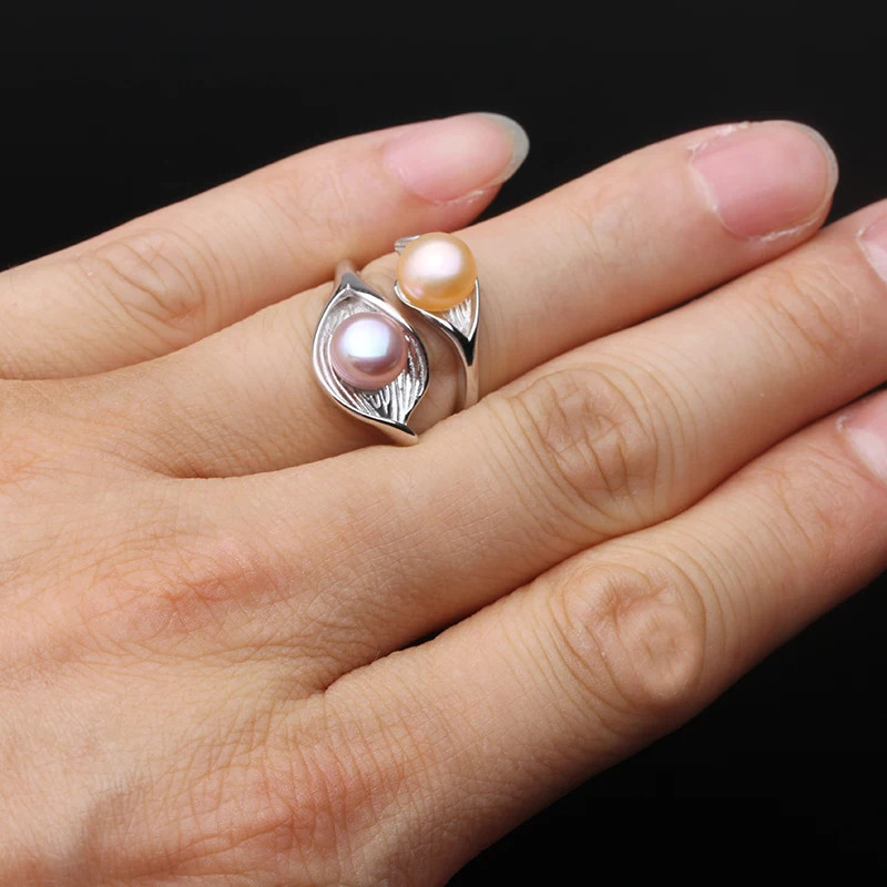 925 Sterling Silver Ring Freshwater Pearl Adjustable Double Band Jewelry