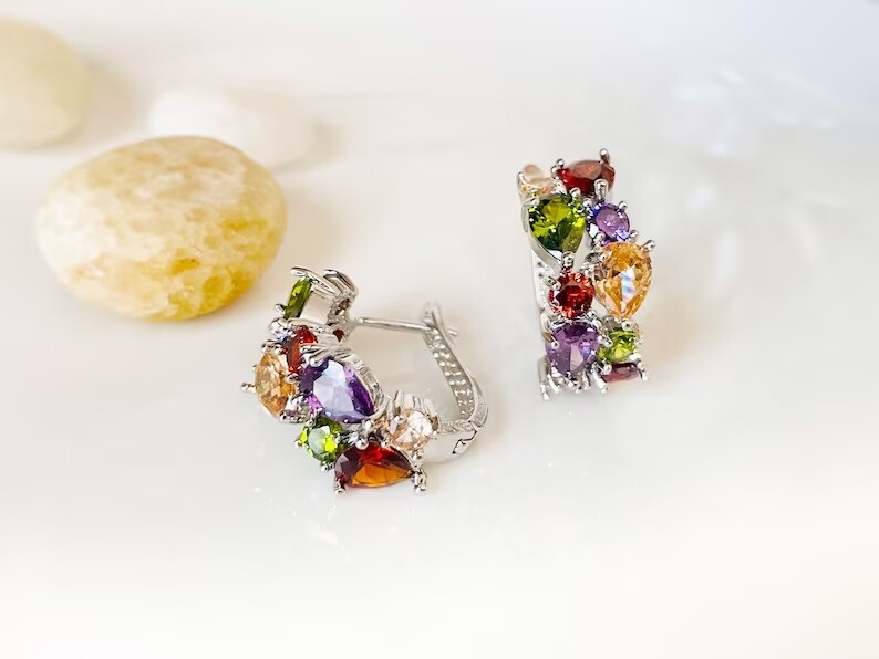 2.10 CT Simulated Pear Cut Multigemstone Hoop Earrings In 14K White Gold Plated