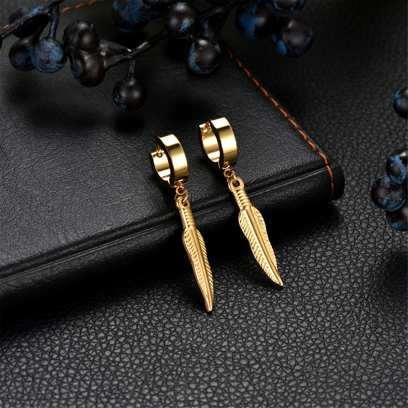 2pcs Drop Dangle Feather Earrings For Men Women Huggie Hinged Stainless Steel