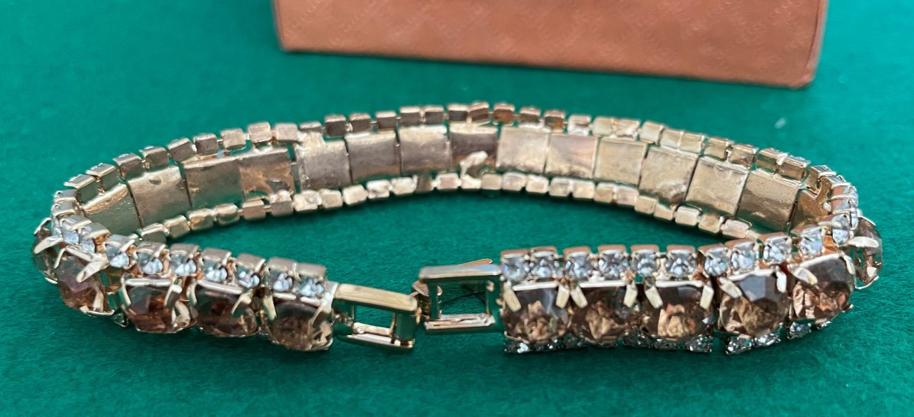 Vintage Yellow & Clear Rhinestone Bracelet Womens 4 Row Gold Tone Clasp