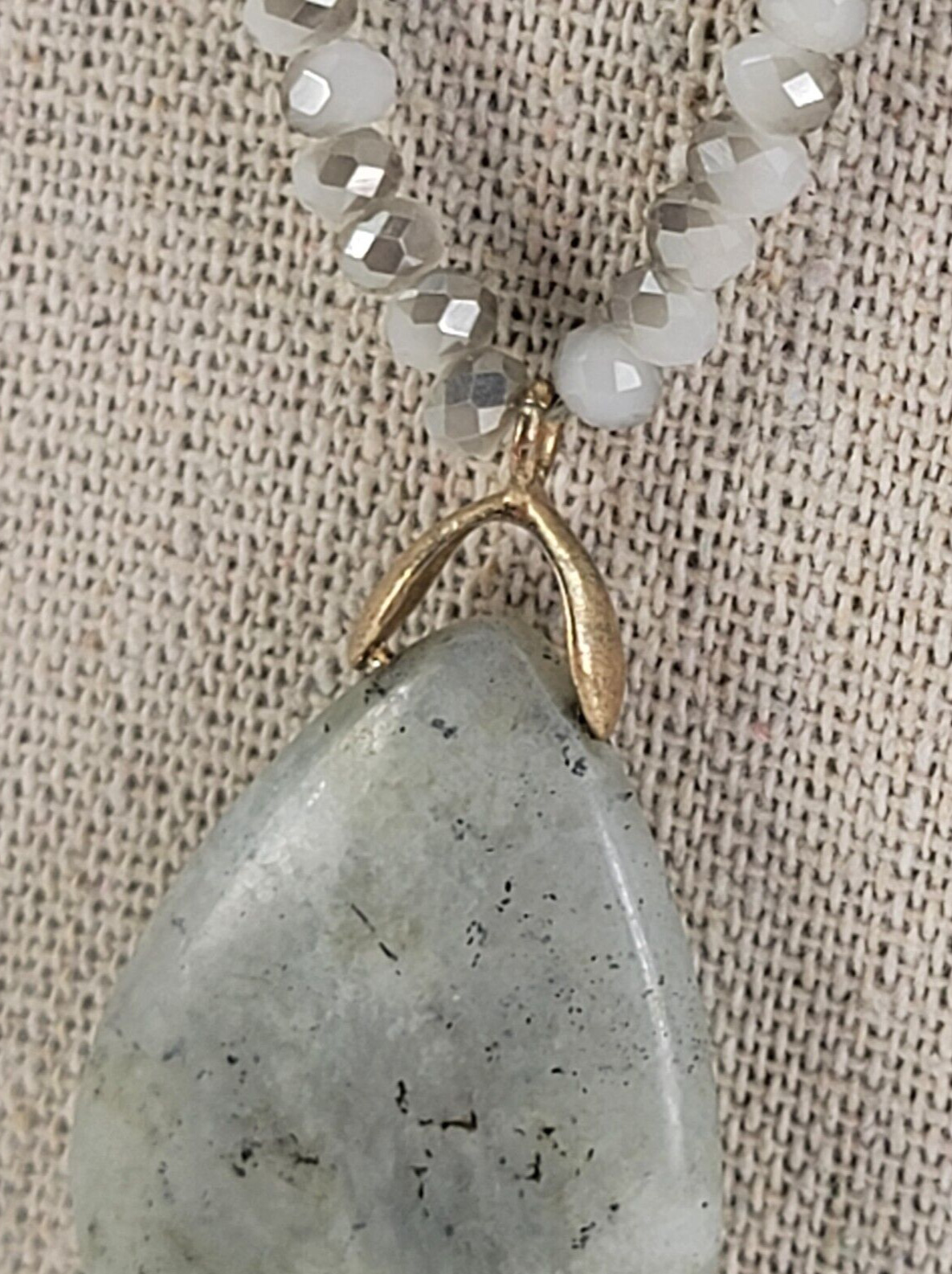 Gray Stone Teardrop Pendant Shiny Rondelle Glass Beaded Necklace 35 in