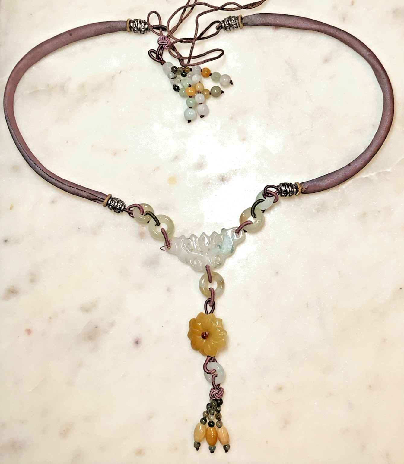 Carved Jadeite Necklace Y-Drop Pendant Silk Cord Asian Woven Beads Floral Lariat