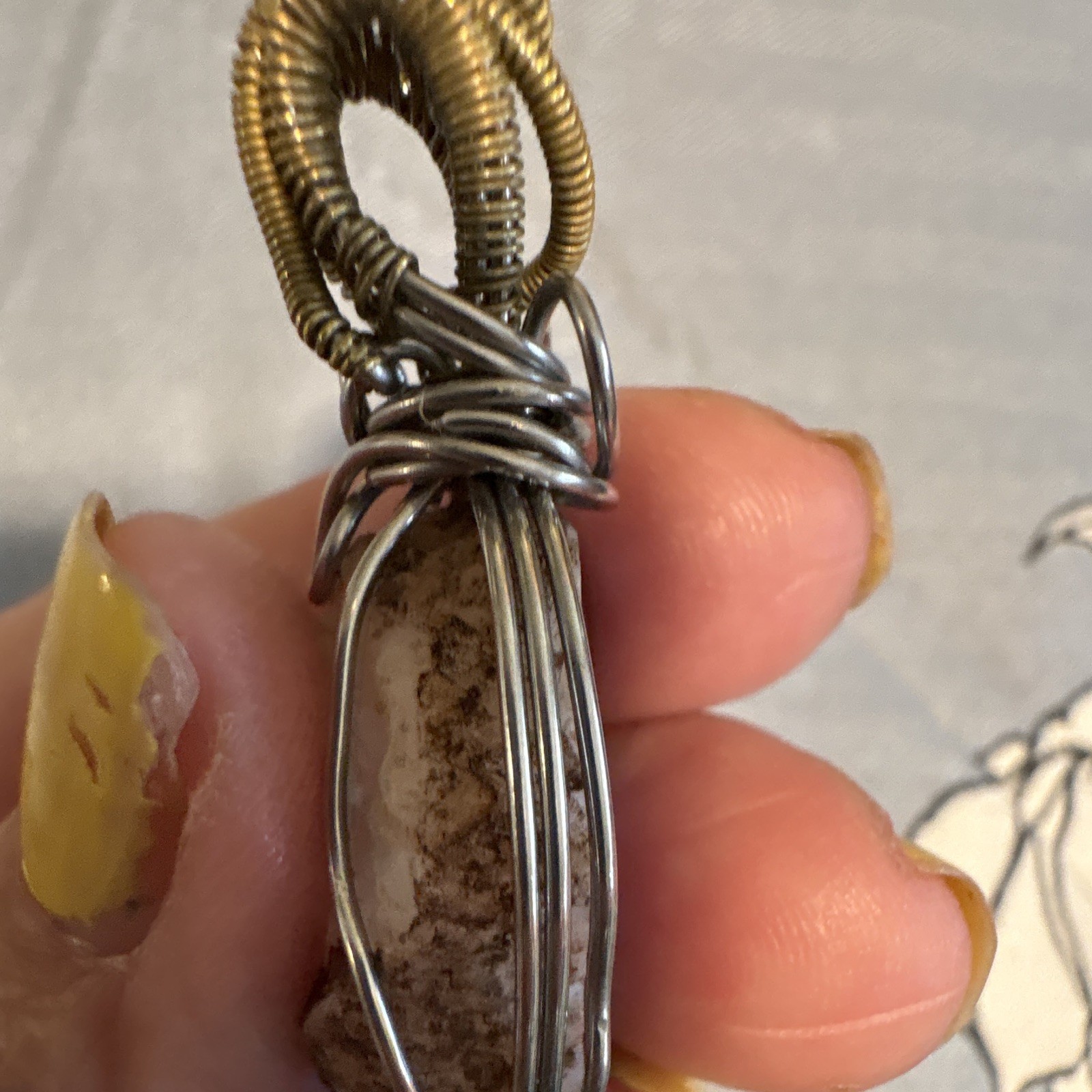 Wire Wrapped Agate & Quartz Oval Charm Pendant Necklace Silver Gold Cord Boho