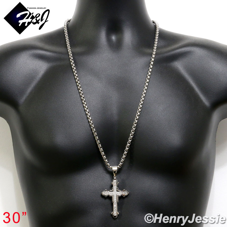30″MEN’s Stainless Steel 5mm Silver Box Link Chain Necklace Cross Pendant*K20